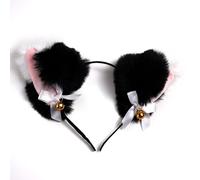 Graziosa fascia per capelli con orecchie di gatto in peluche con fiocco a campana, collezione multicolore opzionale per capelli con orecchie di gatto e volpe (nero + bianco)