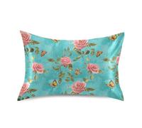 Graziosa federa per cuscino in raso con farfalla e rosa, turchese, per dormire, dimensioni standard, con chiusura a busta, per camera da letto, 50 x 66 cm