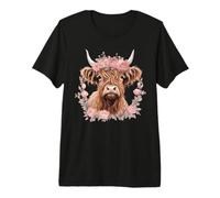 Graziosa Ghirlanda Floreale Rosa Scozzese con Mucca delle Highland Boho Maglietta Premium