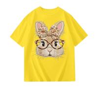 Graziosa maglietta a maniche corte con motivo coniglietto e fiocco per l'estate, comoda e casual top per ragazze in un piacevole mix di materiali., giallo., 7-8 Anni