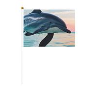Graziosa mini bandiera con delfino che salta in mano, colore bianco solido, colori vivaci e resistenti allo sbiadimento, bandiere tenute in mano con lancia