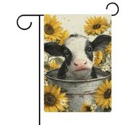 Graziosa mucca in una vecchia vasca di metallo girasoli bandiera da giardino stagionale vacanza iuta doppia faccia casa cortile bandiere esterne 30,5 x 45,7 cm