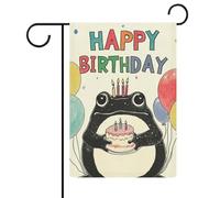 Graziosa rana nera che tiene una torta di compleanno bandiera da giardino per casa cortile bandiera esterna festa stagionale juta doppia faccia bandiera 30,5 x 45,7 cm