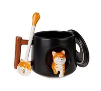 Graziosa tazza Shiba Inu con coperchio e cucchiaio | Tazza da caffè per cani | Gres | 380 ml | Colore: Nero