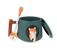 Graziosa tazza Shiba Inu con coperchio e cucchiaio | Tazza da caffè per cani | Gres | 380 ml | Colore: verde tè