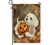 Graziose bandiere da giardino con cane maltese di Halloween, 30,5 x 45,7 cm, double face, per decorazione esterna, spaventosa zucca e foglia d'acero, bandiera in tela per cortile e giardino