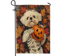 Graziose bandiere da giardino con cane maltese di Halloween, 30,5 x 45,7 cm, per esterni, spaventosa zucca e foglia d'acero, bandiere verticali standard in lino, divertente decorazione per esterni