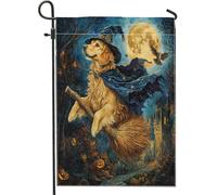 Graziose bandiere da giardino con cane strega Golden Retriever di Halloween, 30,5 x 45,7 cm, per esterni, motivo castello spaventoso, bandierine verticali standard in lino per casa, divertenti