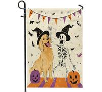 Graziose bandiere da giardino per cani Golden Retriever di Halloween, 30,5 x 45,7 cm, double face, per esterni, con teschio spaventoso zucca, cucciolo di zucca, bandierine standard per esterni