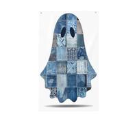 Graziose bandiere in denim patchwork fantasma per casa da cortile, 0,9 x 1,5 m, striscione di auguri con occhielli per interni ed esterni, decorazioni per la casa