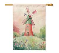 Graziose bandiere per casa degli uccelli con mulino a vento, 71 x 101 cm, double face, per esterni, con scena floreale di campagna, bandiere standard per la casa, bandiere per il cortile della