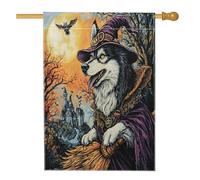 Graziose bandiere per la casa del cane di Halloween con strega Alaskans Malamute, 71 x 101 cm, per esterni, motivo castello spaventoso, bandierine verticali standard per la casa, divertenti bandiere