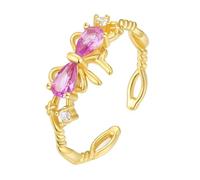 Graziosi anelli, anelli da donna con dito medio, anello aperto con nodo a fiocco, regolabile con taglio a goccia rosa, morganite in oro giallo, Oro giallo 14 carati, Morganite prodotta