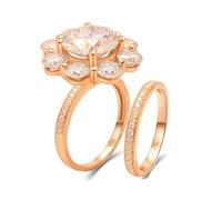 Graziosi anelli, anelli di fidanzamento, 2 pezzi, motivo floreale, con taglio rotondo, color moissanite, oro rosa, 16 (17,8), Oro rosa 18 carati (750), Moissanite Zirconia cubica