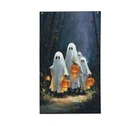 Graziosi fantasmi che camminano nel vecchio sentiero della foresta con zucche, bandiere per la casa, 9 x 1,5 m, striscione di auguri con occhielli per interni ed esterni, decorazioni per la casa