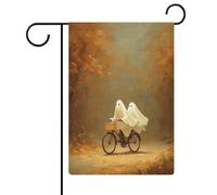 Graziosi fantasmi che cavalcano la bicicletta autunno forestale sentiero giardino bandiera stagionale vacanza iuta doppia faccia casa cortile bandiere esterne 30,5 x 45,7 cm