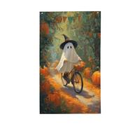 Graziosi fantasmi che cavalcano la bicicletta nel cortile della foresta, bandierine per casa, 0,9 x 1,5 m, striscione di auguri con occhielli, decorazioni per interni ed esterni, feste per la casa