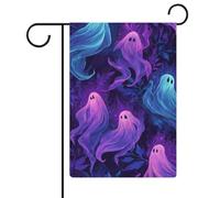 Graziosi fantasmi luci al neon viola blu bandiera da giardino stagionale vacanza juta doppia faccia casa cortile bandiere esterne 30,5 x 45,7 cm