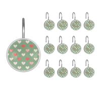 Graziosi ganci per tenda da doccia con cuori di San Valentino in sfondo verde salvia, 12 ganci per tenda da doccia in acciaio inox, anelli per tende da bagno e camera da letto