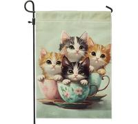 Graziosi gattini in tazze da tè bandiera da giardino, adorabile decorazione a forma di gatto per primavera estate, design floreale su entrambi i lati, per la decorazione della casa e dell'esterno