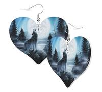 Graziosi orecchini a forma di cuore su entrambi i lati, con lupo, luna, fiume, alla moda, divertenti, in finta pelle, orecchini pendenti,