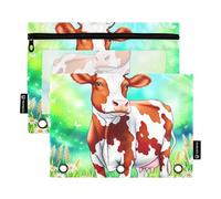 Grazioso astuccio a 3 anelli marrone bianco con motivo di mucche, astuccio per matite con cerniera, per lavoro e scuola, con tasche trasparenti, 24,9 x 18 cm, confezione da 2