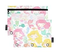 Grazioso astuccio colorato con sirene in stile cartone animato per raccoglitori a 3 anelli, con cerniera, astuccio per matite da donna, trasparente, in tessuto scolastico, 24,9 x 18 cm, 2 confezioni