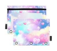 Grazioso astuccio rosa a 3 anelli, con nuvole pastello e cuori, con cerniera, trasparente, per la scuola, 24,9 x 18 cm, confezione da 2