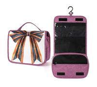 Grazioso beauty case da viaggio da donna, con fiocco blu navy con coda arancione a righe e fiocco, organizer da appendere con gancio per shampoo