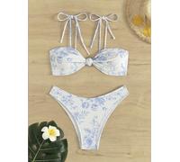 Grazioso bikini a fascia con nodo frontale, stampa floreale blu e bianca, 2 pezzi, costume da bagno estivo da spiaggia