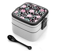 Grazioso contenitore per il pranzo Bento Box a prova di perdite da 1000 ml con divisori e cucchiaio rimovibili, motivo leopardato, motivo: mix di rose rosa - Contenitore per il pranzo impilabile in