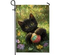 Grazioso gattino nero che gioca con bandiera da giardino in filo colorato, adorabile decorazione per la casa per primavera ed estate, design double face per prato esterno, 30,5 x 45,7 cm