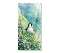 Grazioso striscione decorativo per porta a forma di pinguino, design fantasioso con paesaggio costiero per la decorazione della porta d'ingresso, accenti primaverili per la casa all'aperto, 91 x 182