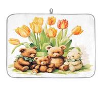 Grazioso tappetino scolapiatti in microfibra con orsetto e tulipani, assorbente, per cucina, cucchiaio, piatto di vetro, 45,7 x 60,9 cm