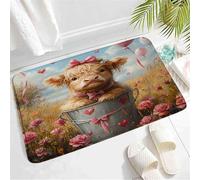 Grazioso Tappeto d'Ingresso Funny Highland Cow Day Farmhouse Animal in Bucket Pink Roses Flower Love Heart Passatoia Indietro 40×60cm per Vasca da Bagno,Corridoio,Cucina