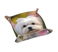 Grazioso vassoio portaoggetti in pelle stampata a forma di cane maltese, facile da pulire per chiavi, orologi, trucchi e altri piccoli oggetti. WHJYYXDE