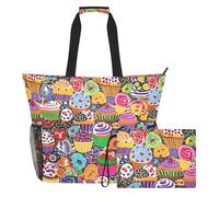 Grckit Grande borsa da spiaggia, impermeabile, con scomparto in rete e tasche laterali con cerniera, per piscina, palestra, nuoto, viaggi (cupcake e biscotti)