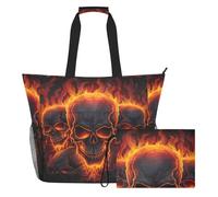 Grckit Grande borsa da spiaggia, impermeabile, con scomparto in rete e tasche laterali in rete, con tasca con cerniera, per piscina, palestra, nuoto, viaggi (teschi di fiamme)