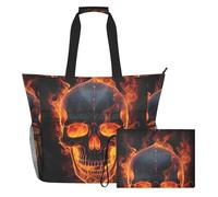 Grckit Grande borsa da spiaggia, impermeabile, con scomparto in rete, tasche laterali in rete, con tasca con cerniera, per piscina, palestra, nuoto, viaggi (teschio con fiamme)