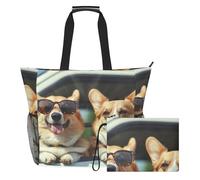 Grckit Grande borsa da spiaggia, impermeabile, con scomparto in rete, tasche laterali in rete, con tasca con cerniera, per piscina, palestra, nuoto, viaggio (due cani felici)