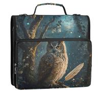Grckit Raccoglitore con cerniera a 3 anelli con tracolla, capacità di 500 fogli, organizer multitasche per scuola/ufficio, raccoglitore con cerniera con anelli a D da 3,8 cm (Owl Quill Night)