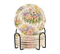 Grckit Spring Watercolor Bouquet 6 sottobicchieri in cotone intrecciato con supporto, sottobicchieri assorbenti da 9,9 cm, ideali per proteggere il tavolino da caffè