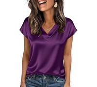 Greabuy Camicette da donna a maniche corte con scollo a V a maniche corte in raso di seta camicia casual sciolto da lavoro tuniche top business casual top per le donne, Viola, M