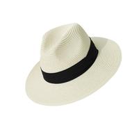 Greabuy Cappello panama fatto a mano cappello da sole per adulti attività all'aperto cappello di paglia a tesa larga per vacanze in spiaggia, Bianco latte, 30cm x 20cm x 10cm