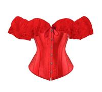 Greabuy Cincher in vita in pizzo a maniche corte per abito formale corsetto vittoriano top stile francese overbust bustier, Rosso-l., 11.7x9.75in
