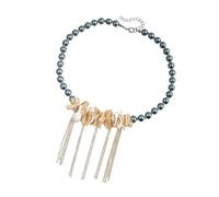Greabuy Girocollo artistico con perline di vetro con conchiglie irregolari e dettaglio frangia elegante catena a strati accessorio Shell Jewelry