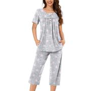 Greabuy Set da casa da donna con top a maniche corte e pantaloni capris elasticizzati, 2 pezzi, pigiama con tasca, per la casa, top a maniche corte e pantaloni a capris, indumenti da notte, C, M
