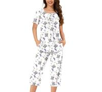 Greabuy Set da casa da donna con top a maniche corte e pantaloni capris elasticizzati, 2 pezzi, pigiama con tasca, per la casa, top a maniche corte e pantaloni a capris, indumenti da notte