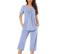 Greabuy Set da casa da donna con top a maniche corte e pantaloni capris elasticizzati, 2 pezzi, pigiama con tasca, per la casa, top a maniche corte e pantaloni a capris, indumenti da notte, frammento