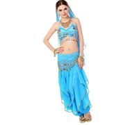 Greabuy Set di abbigliamento colorato per danza del ventre, include top decorato e pantaloni, catena in vita per spettacoli teatrali e concorsi, top da ballo increspato a strati